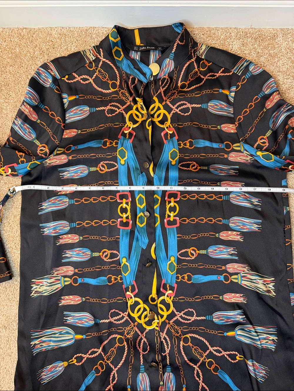 Zara Black Chain Print Shirt Silk-Feel Long Sleeve Button Up Blouse Size Small - Picture 7 of 9